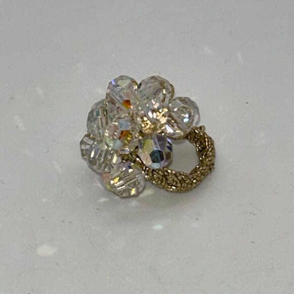 Vintage Aurora Borealis Crystal Ring Stretch Crochet Band Size 6.5 Rare - Picture 5 of 7